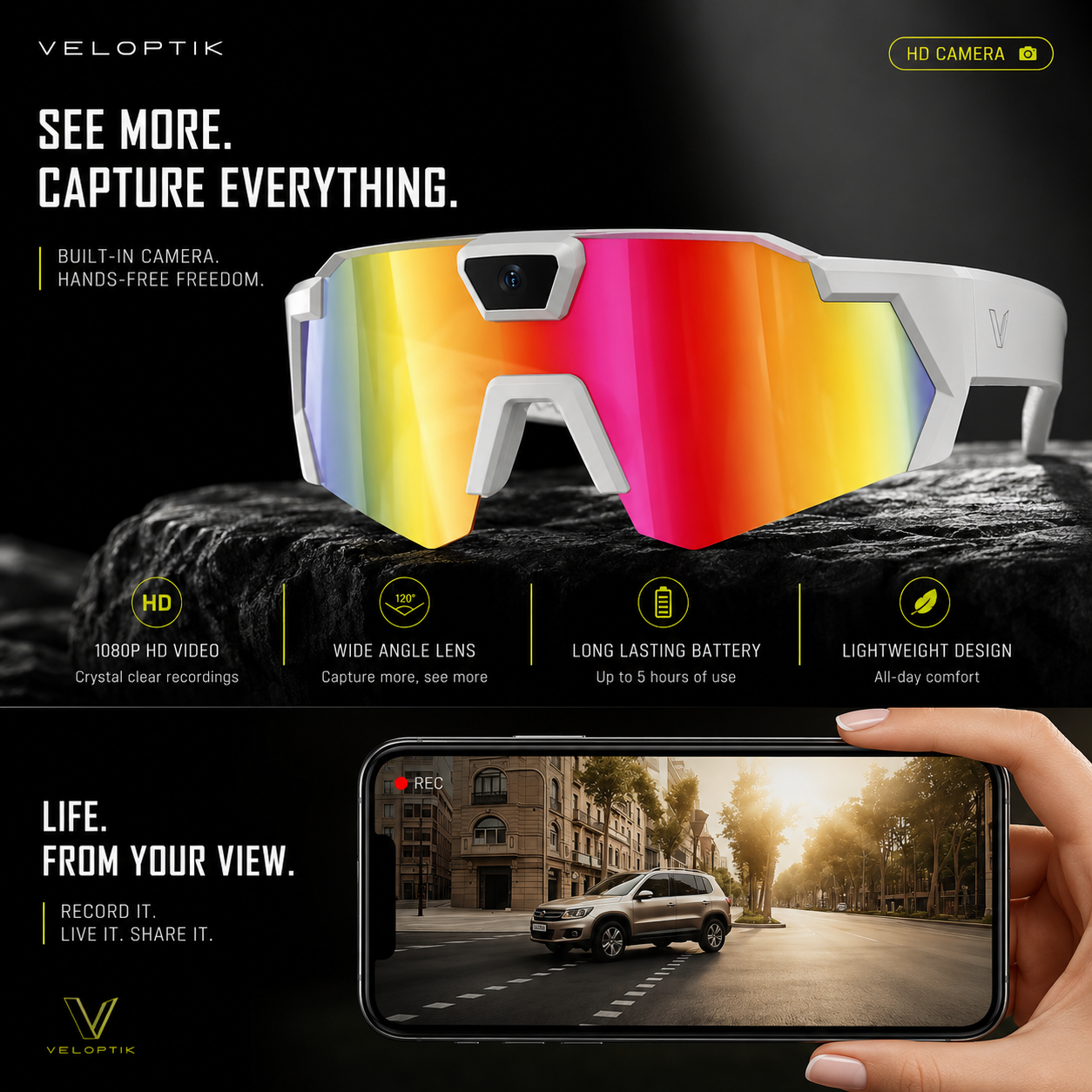 Veloptik Mach Camera Sunglasses - HD POV Video Sport Glasses for Cycling, Skiing & Watersports