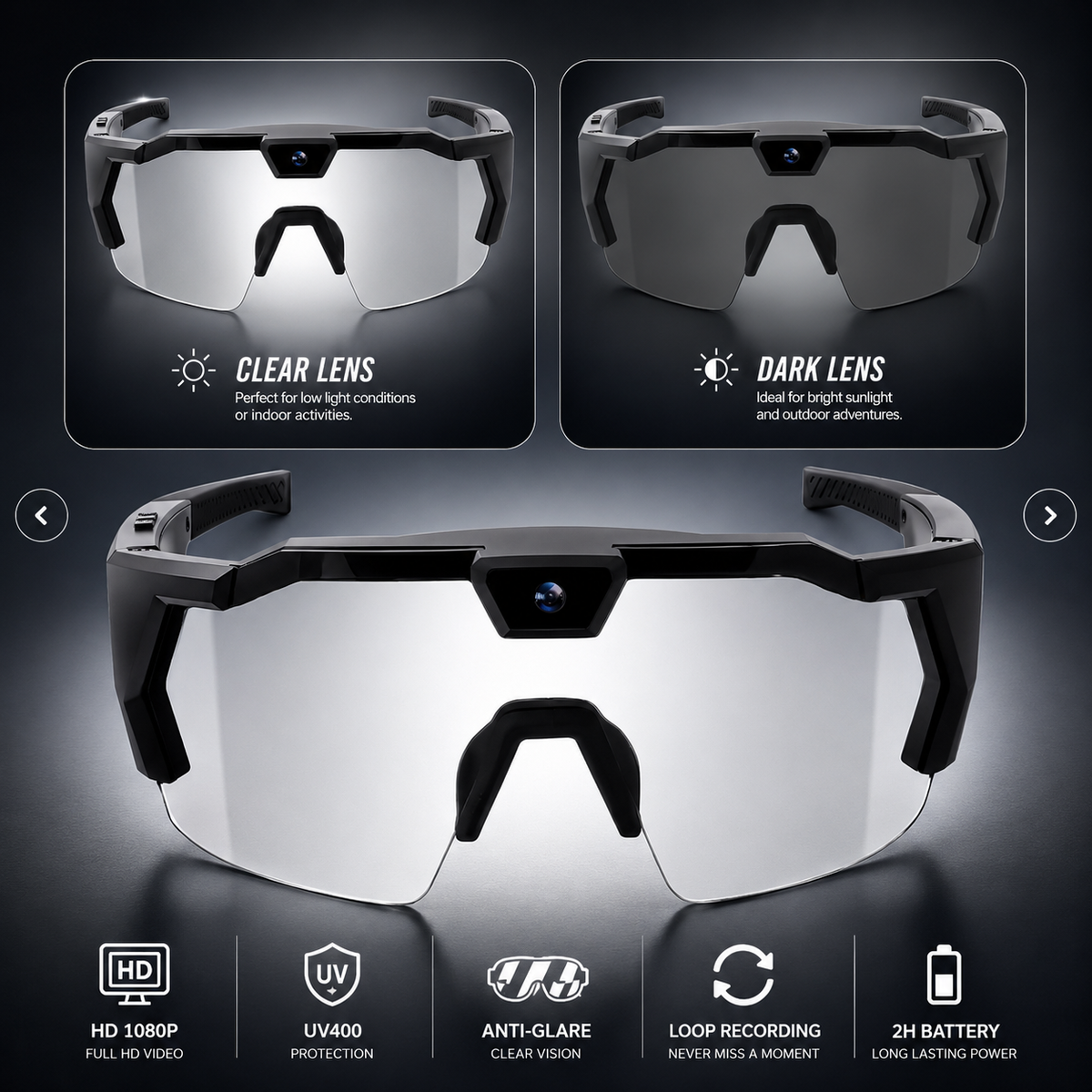 Veloptik Mach Camera Sunglasses - HD POV Video Sport Glasses for Cycling, Skiing & Watersports